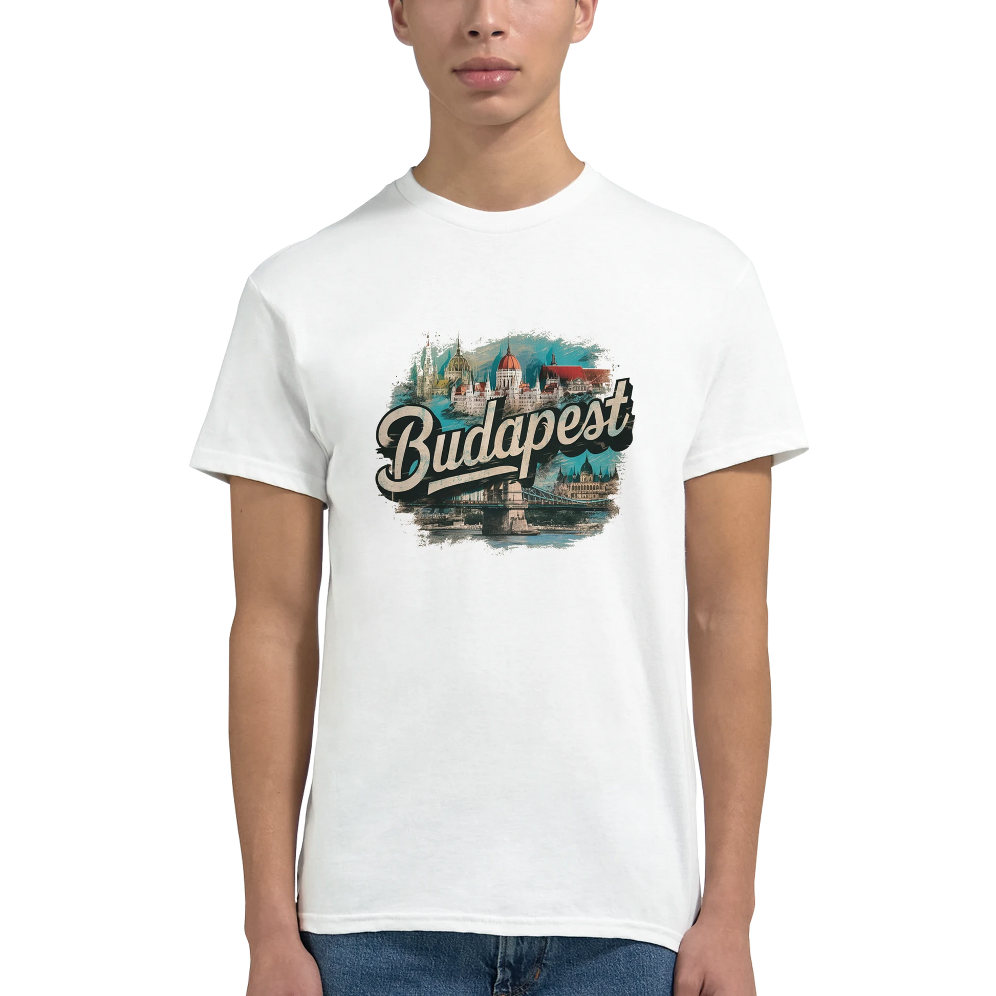 Budapest Hungary Unisex Travel T-Shirt featuring a man
