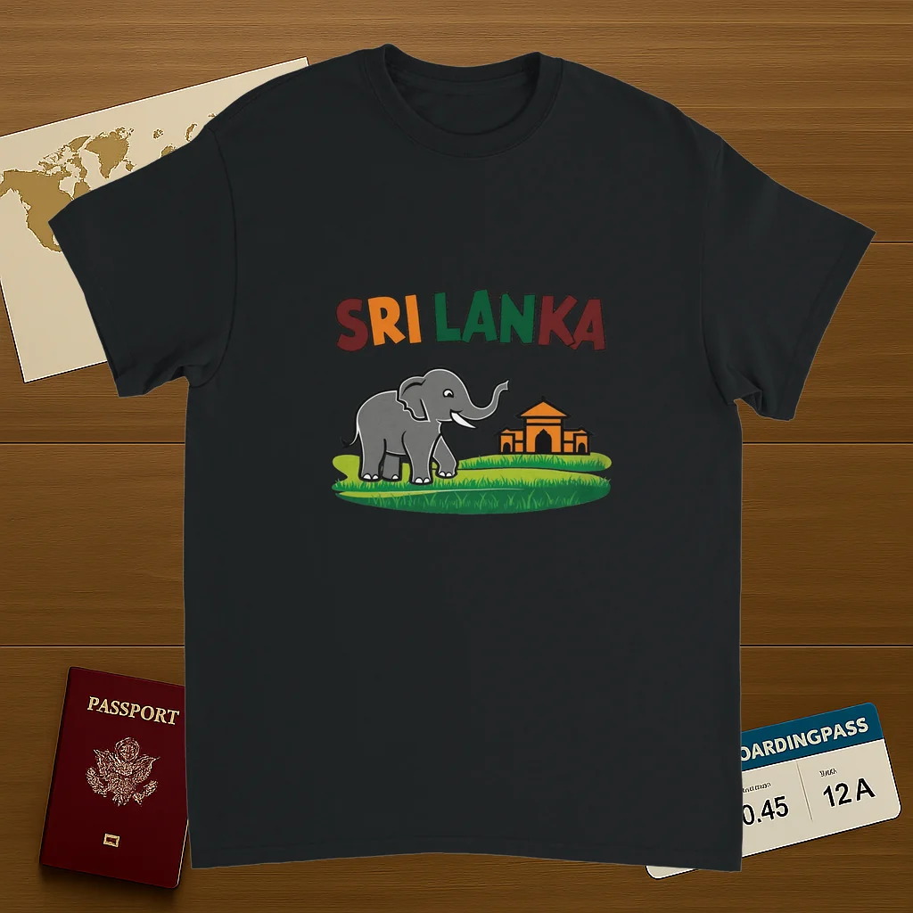 black Sri Lanka Unisex Travel T-Shirt on wooden background with world map, passport, and boarding pass