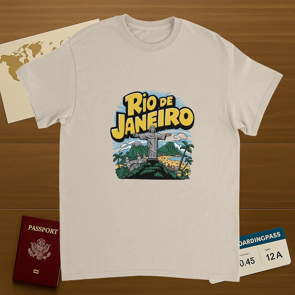 Rio de Janeiro Brazil Unisex Travel T-Shirt on wooden background with world map, passport, and boarding pass