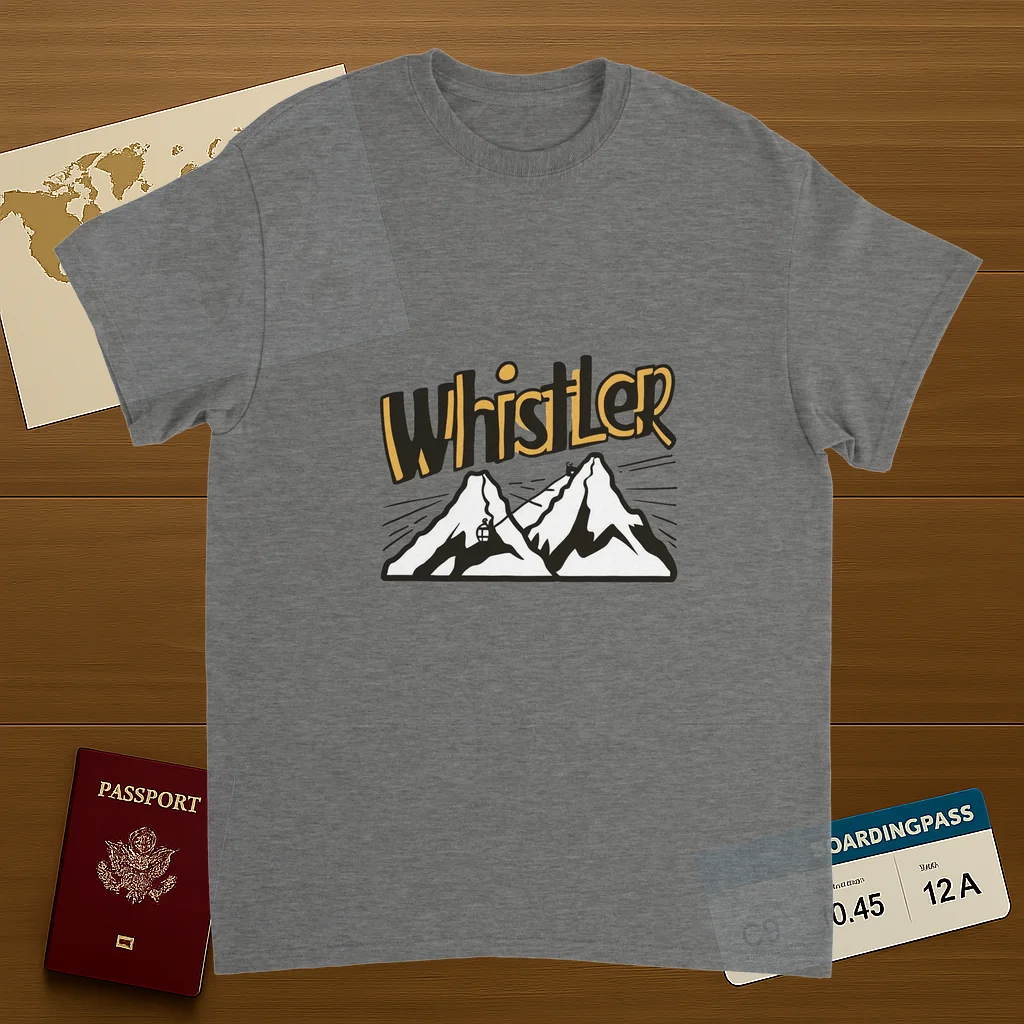 sport grey Whistler Canada Unisex Travel T-Shirt on wooden background with world map, passport, and boarding pass