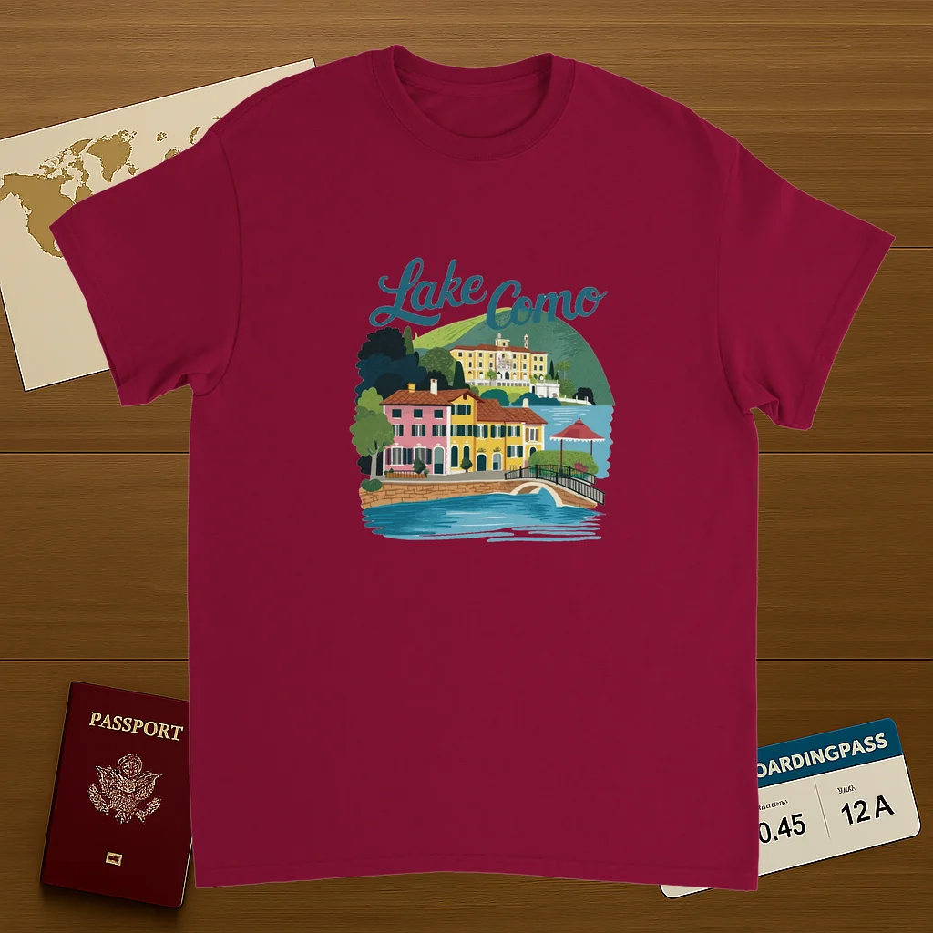 cardinal red Lake Como Italy Unisex Travel T-Shirt on wooden background with world map, passport, and boarding pass