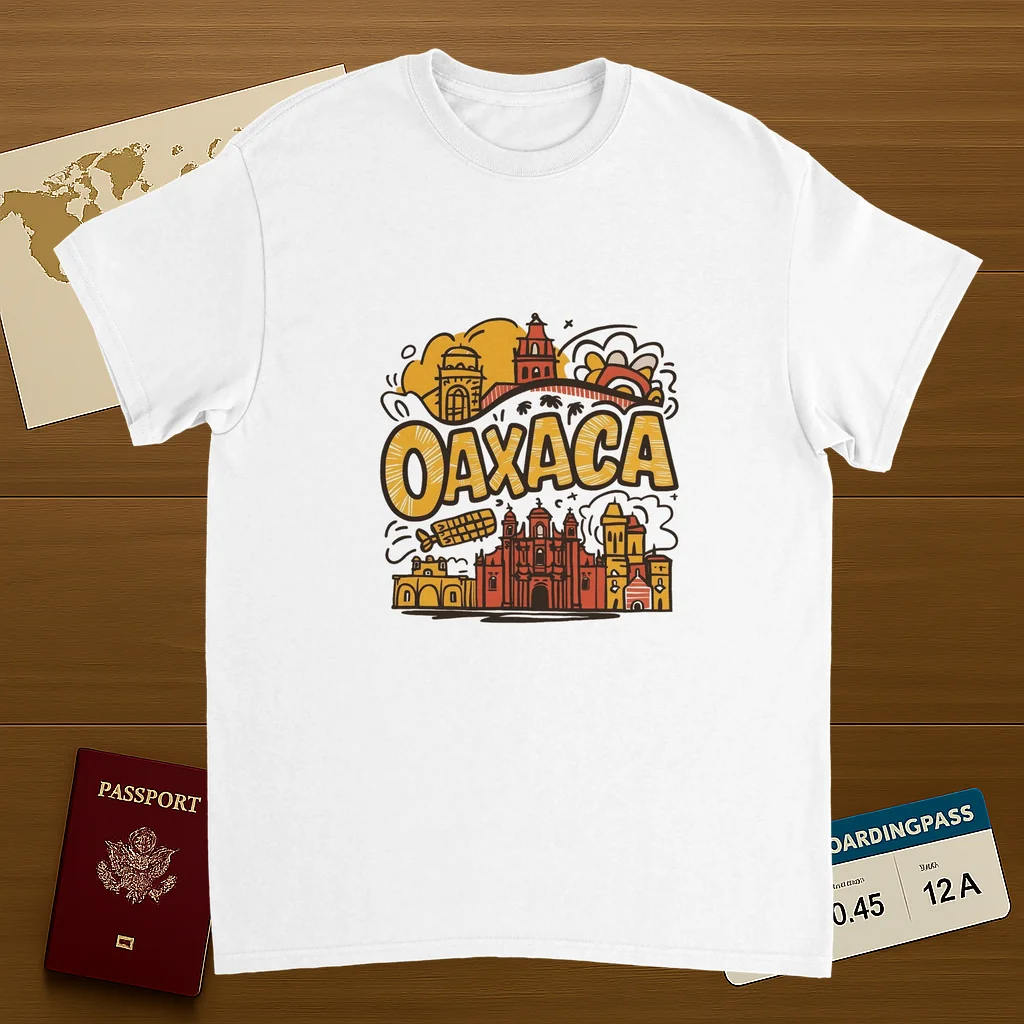 white Oaxaca Mexico Unisex Travel T-Shirt on wooden background with world map, passport, and boarding pass
