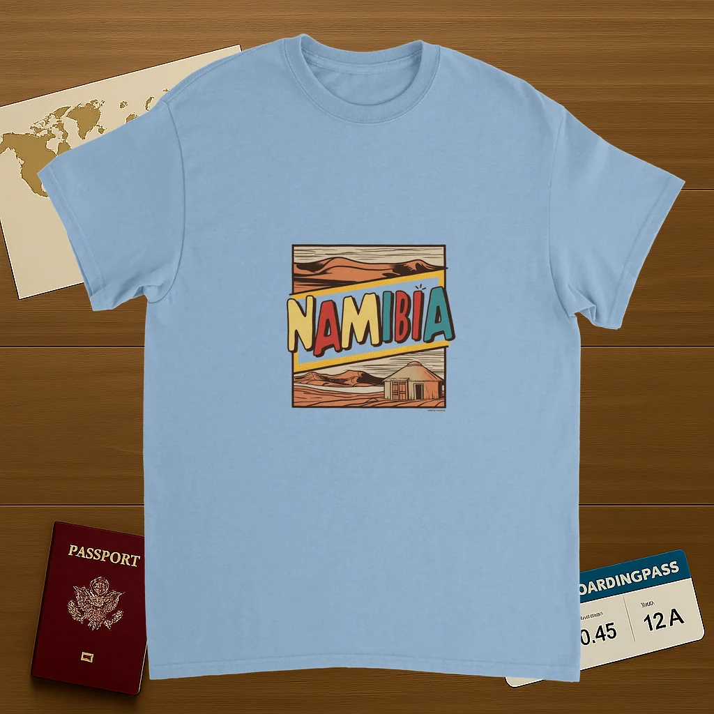 light blue Namibia Unisex Travel T-Shirt on wooden background with world map, passport, and boarding pass