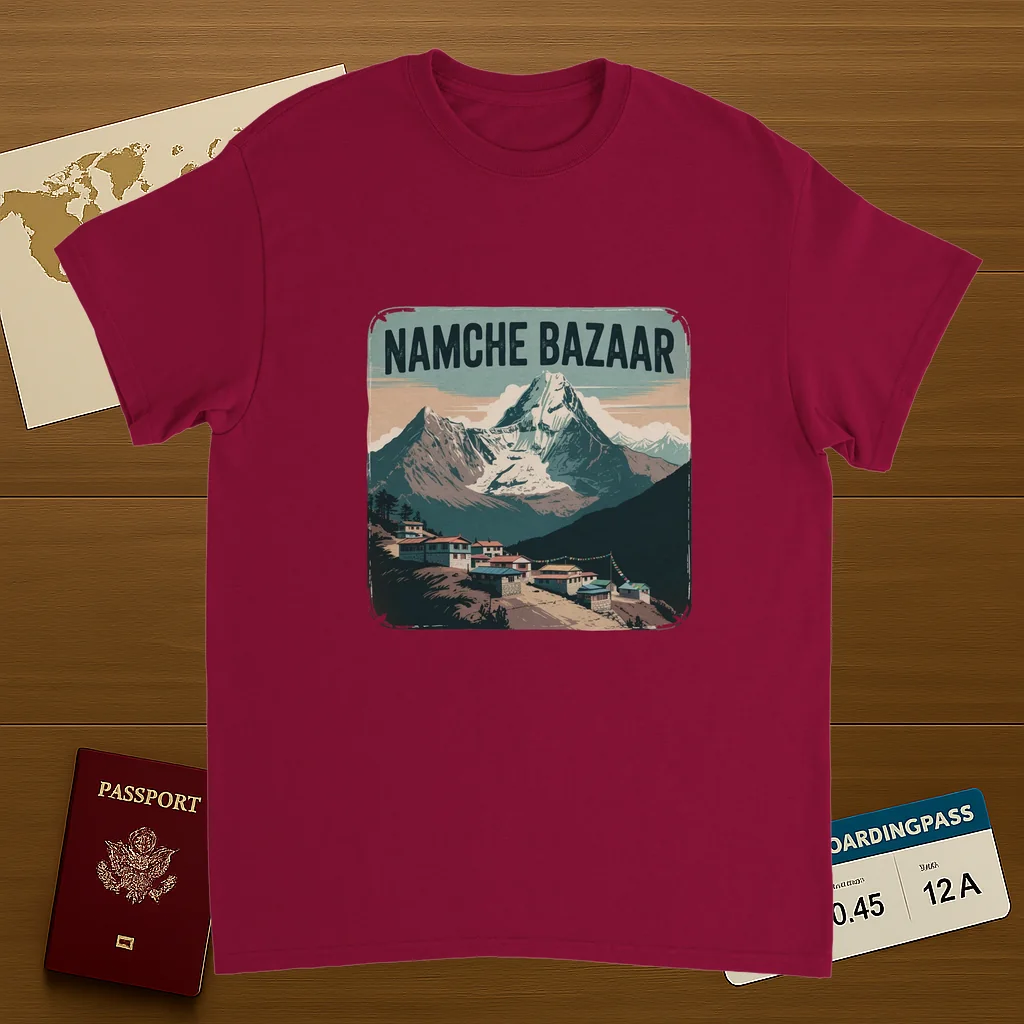 cardinal red Namche Bazaar Nepal Unisex Travel T-Shirt on wooden background with world map, passport, and boarding pass