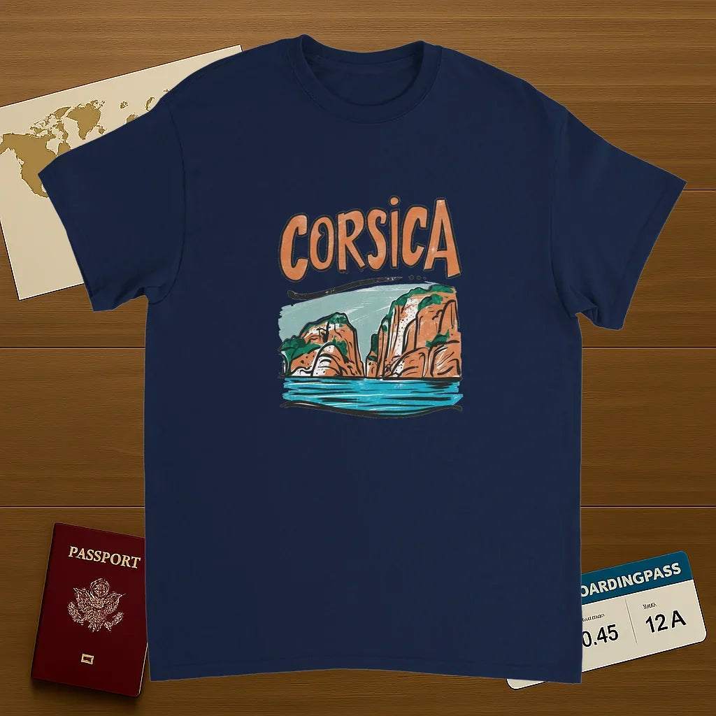 navy Corsica Unisex Travel T-Shirt on wooden background with world map, passport, and boarding pass
