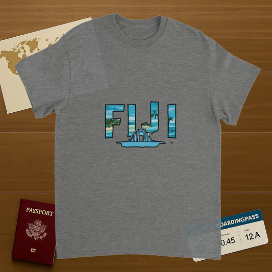 sport grey Fiji Unisex Travel T-Shirt on wooden background with world map, passport, and boarding pass