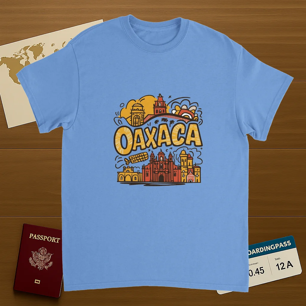 carolina blue Oaxaca Mexico Unisex Travel T-Shirt on wooden background with world map, passport, and boarding pass