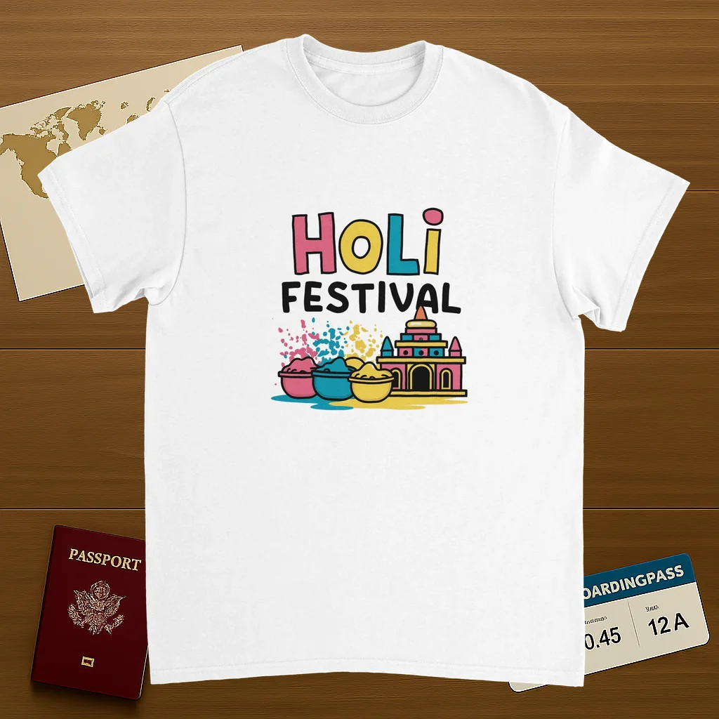 white Holi Festival Mathura India Unisex Travel T-Shirt on wooden background with world map, passport, and boarding pass