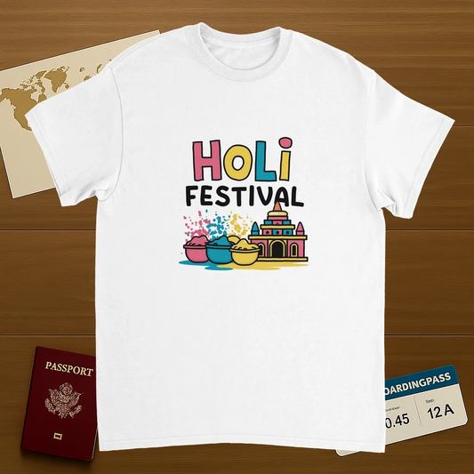 white Holi Festival Mathura India Unisex Travel T-Shirt on wooden background with world map, passport, and boarding pass
