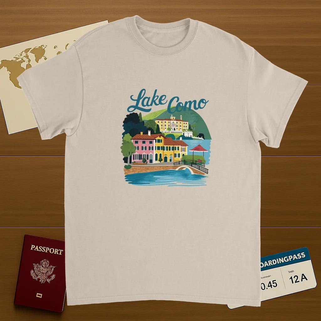 Lake Como Italy Unisex Travel T-Shirt on wooden background with world map, passport, and boarding pass