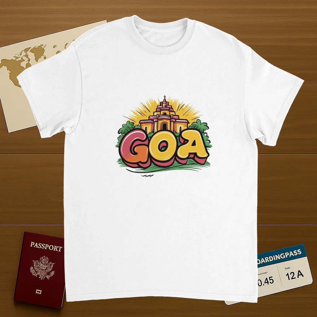 white Goa India Unisex Travel T-Shirt on wooden background with world map, passport, and boarding pass