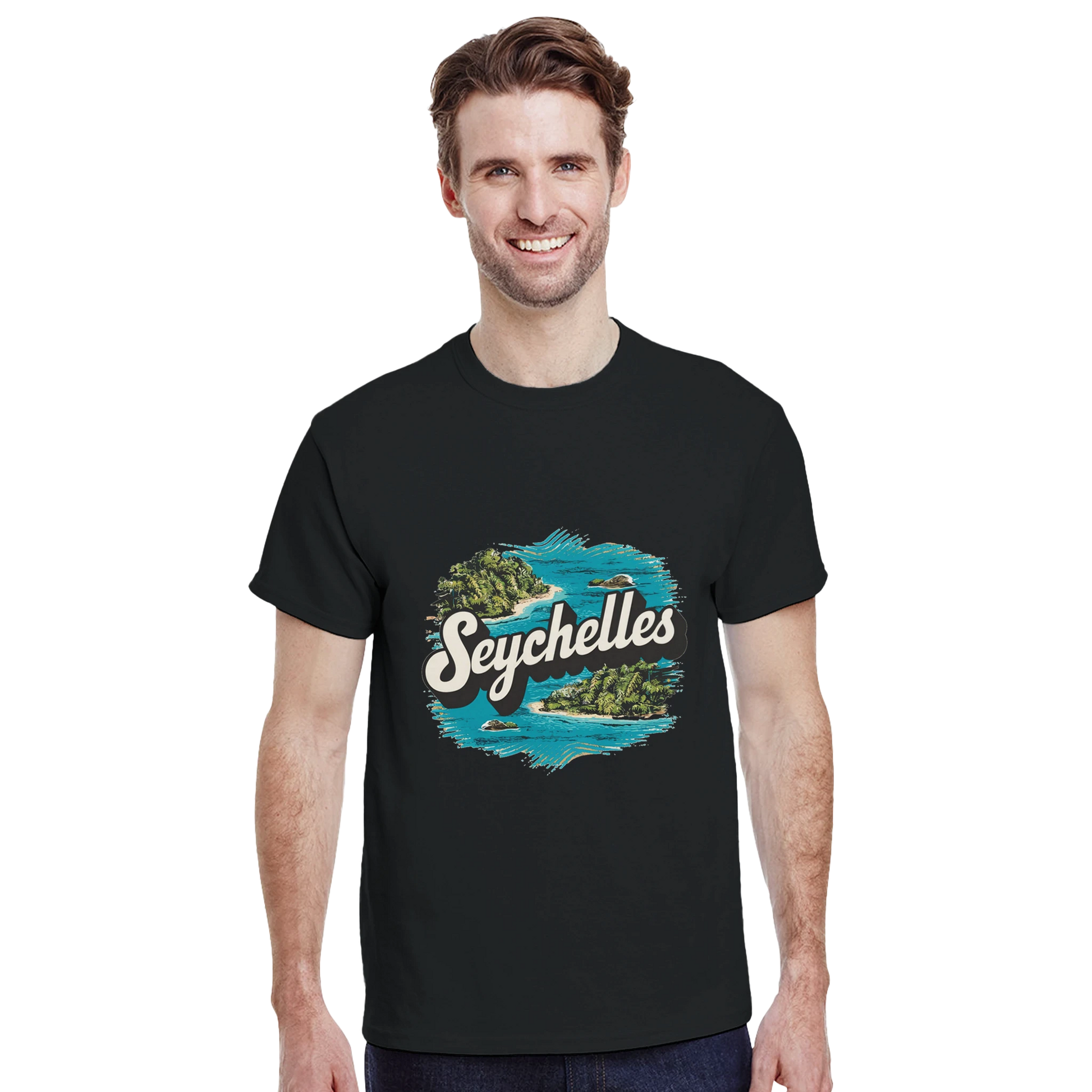 Seychelles Unisex Travel T-Shirt on wooden background with world map, passport, and boarding pass