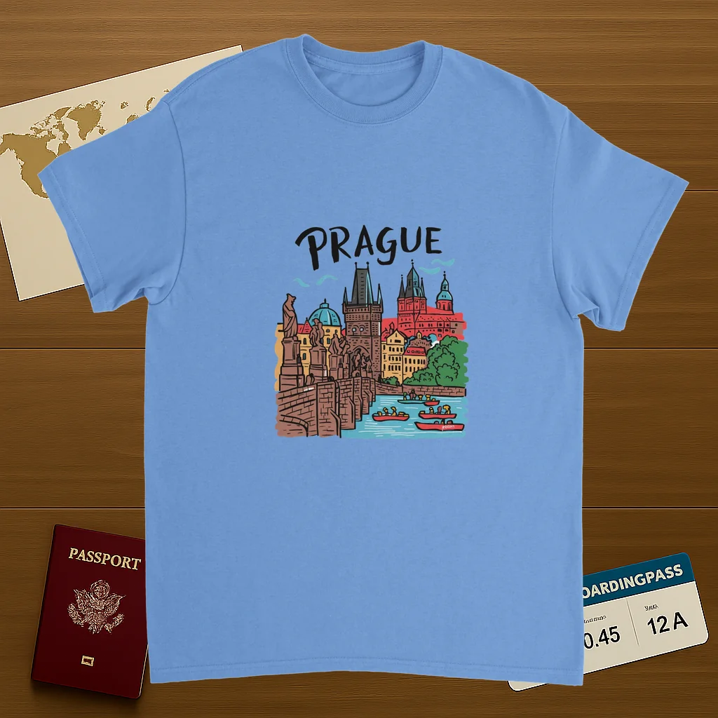 carolina blue Prague Czechia Unisex Travel T-Shirt on wooden background with world map, passport, and boarding pass