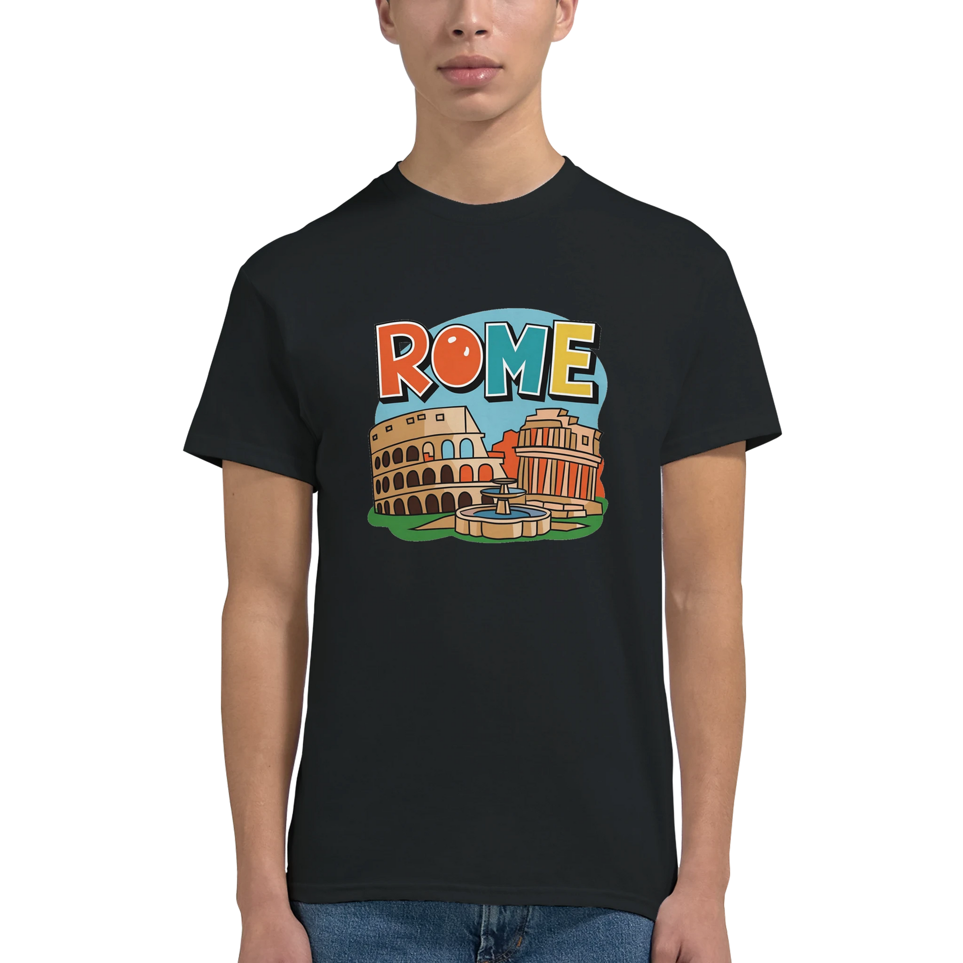 Rome Italy Unisex Travel T-Shirt on wooden background with world map, passport, and boarding pass