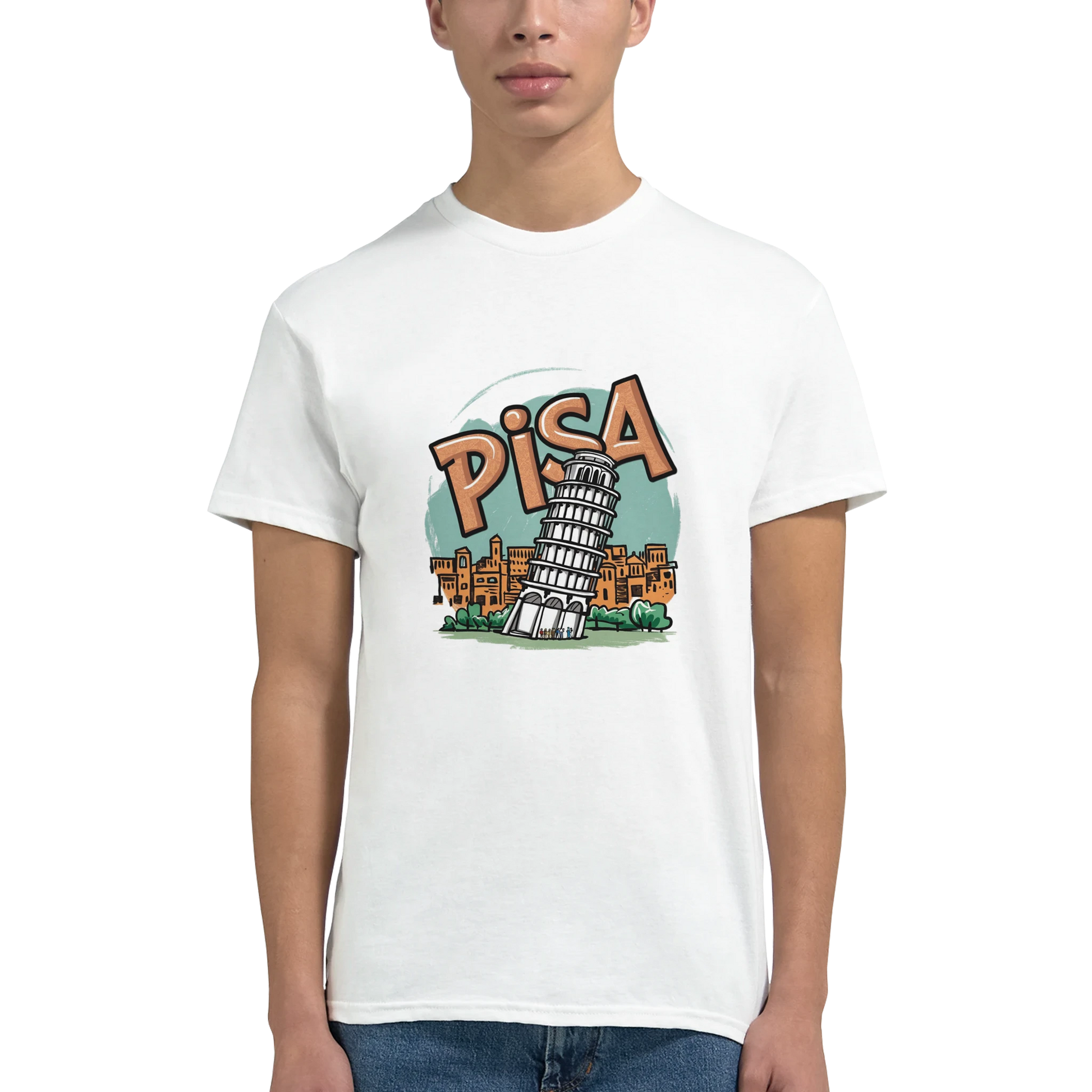 Pisa Italy Unisex Travel T-Shirt featuring a man