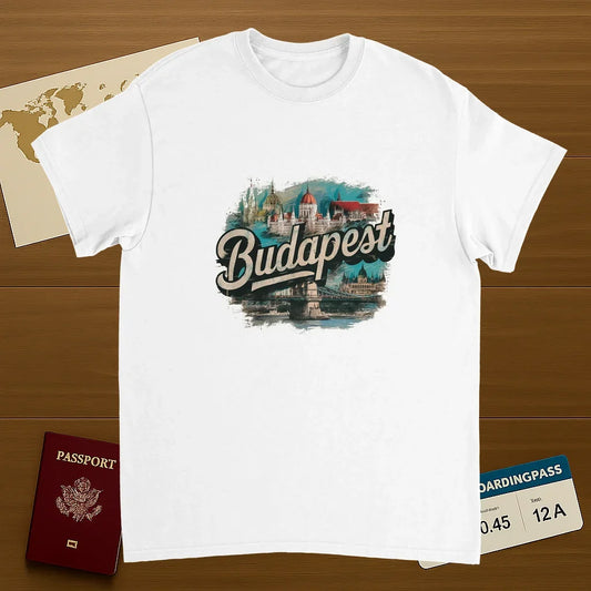 white Budapest Hungary Unisex Travel T-Shirt on wooden background with world map, passport, and boarding pass