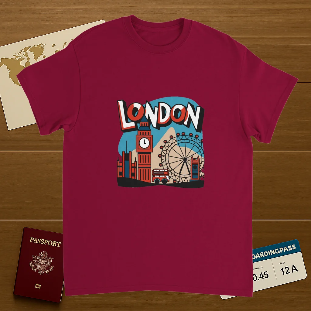 cardinal red London England Unisex Travel T-Shirt on wooden background with world map, passport, and boarding pass