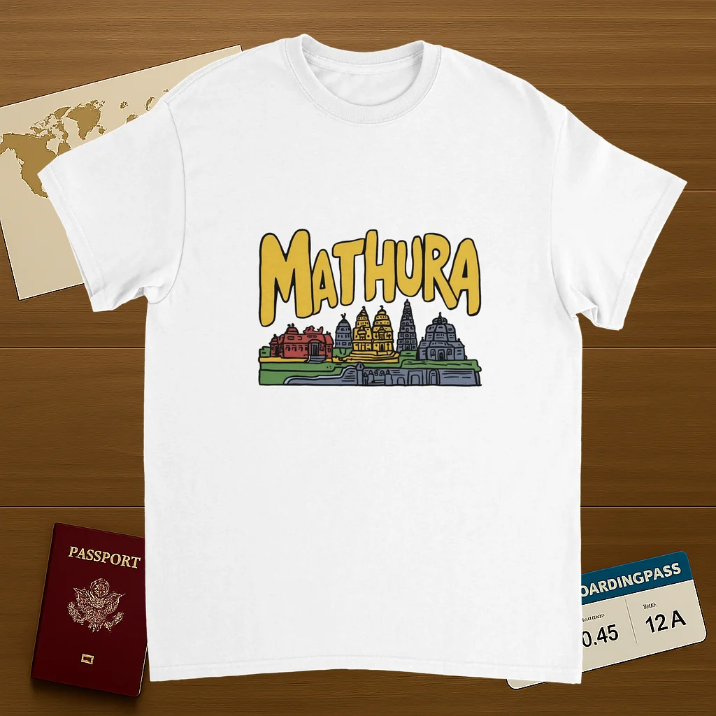 white Mathura India Unisex Travel T-Shirt on wooden background with world map, passport, and boarding pass
