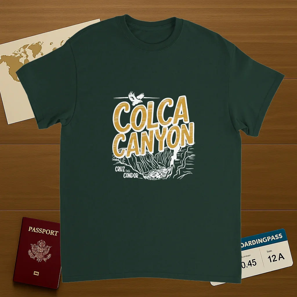 forest green Colca Canyon Peru Unisex Travel T-Shirt on wooden background with world map, passport, and boarding pass