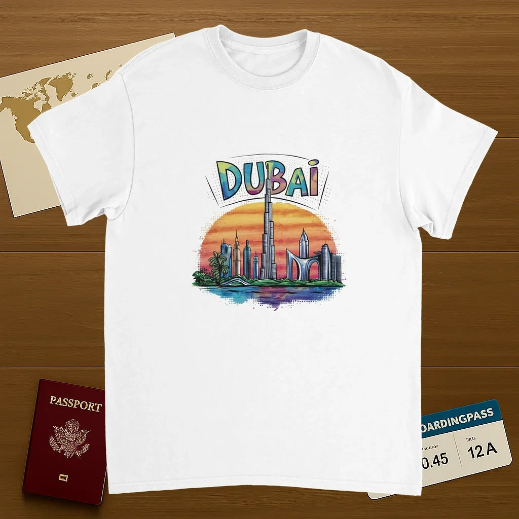 white Dubai Unisex Travel T-Shirt on wooden background with world map, passport, and boarding pass