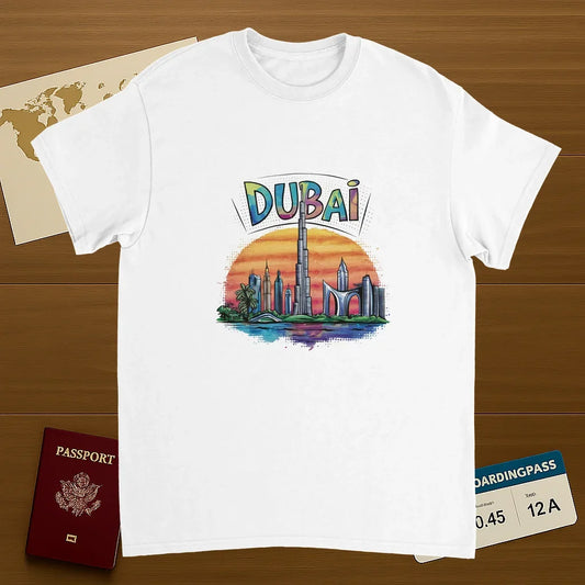 white Dubai Unisex Travel T-Shirt on wooden background with world map, passport, and boarding pass