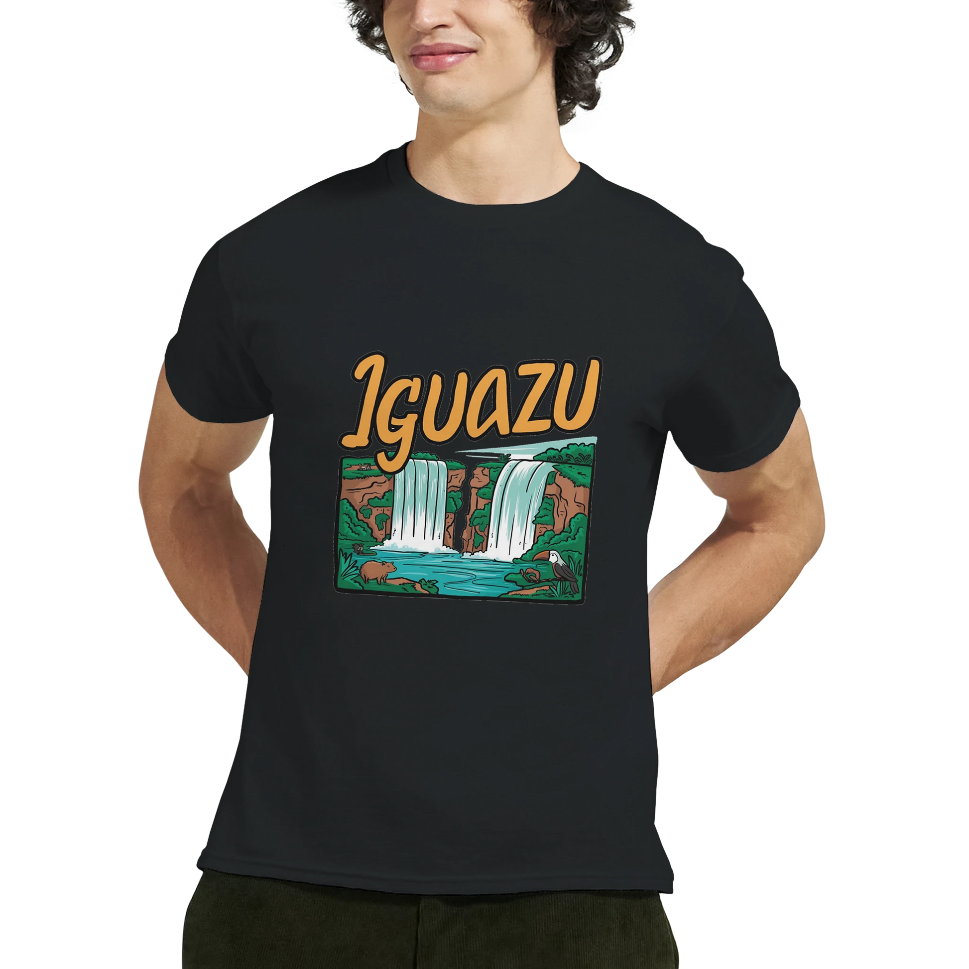 Iguazu Falls Unisex Travel T-Shirt featuring a man