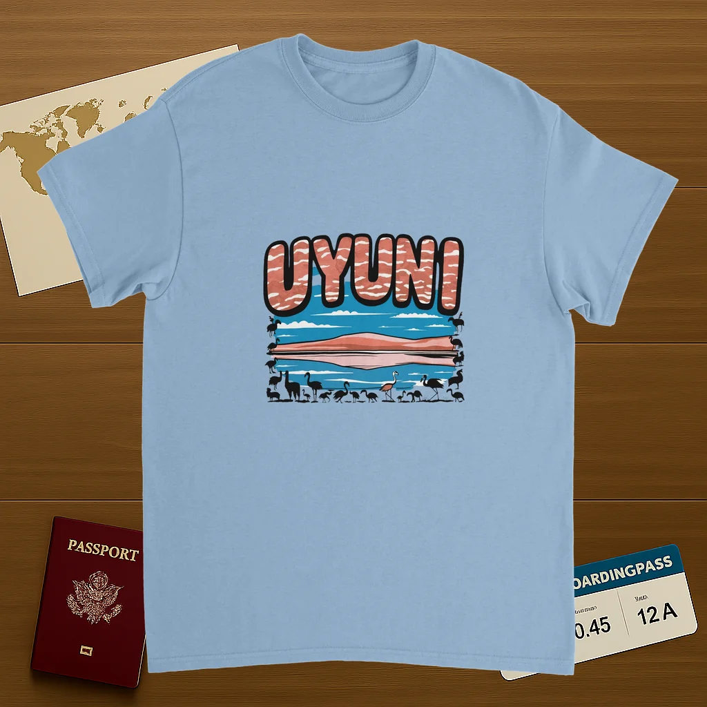 light blue Uyuni Bolivia Unisex Travel T-Shirt on wooden background with world map, passport, and boarding pass