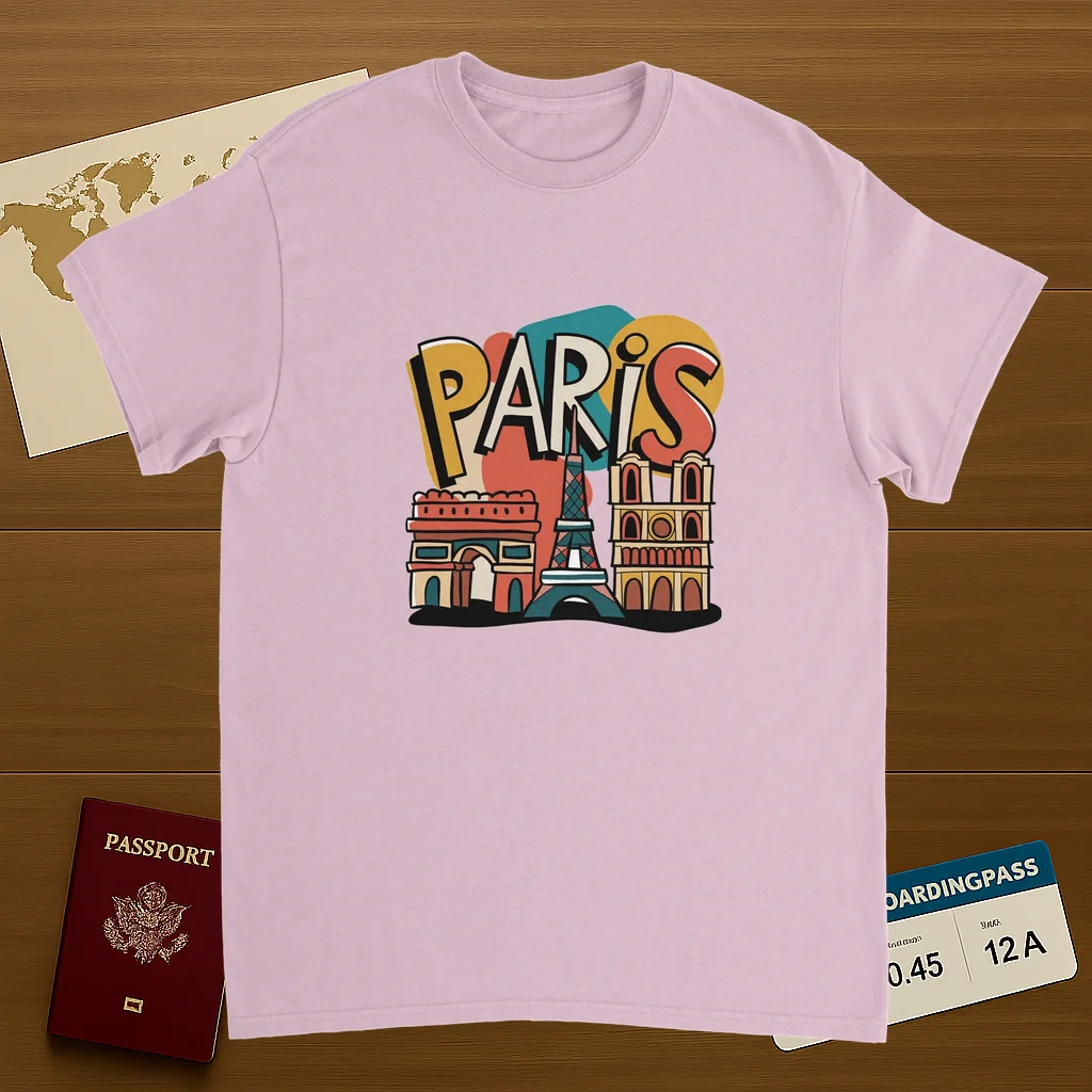 light pink Paris France Unisex Travel T-Shirt on wooden background with world map, passport, and boarding pass