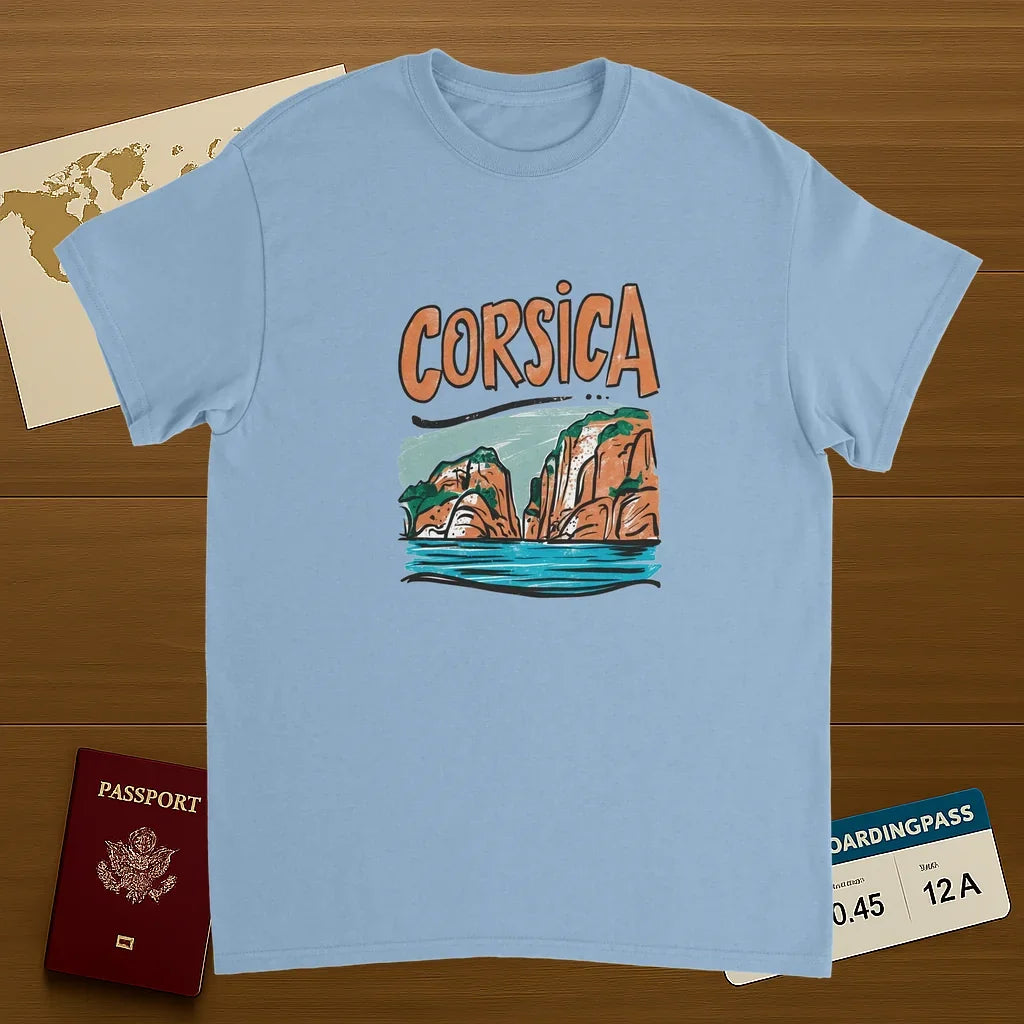light blue Corsica Unisex Travel T-Shirt on wooden background with world map, passport, and boarding pass