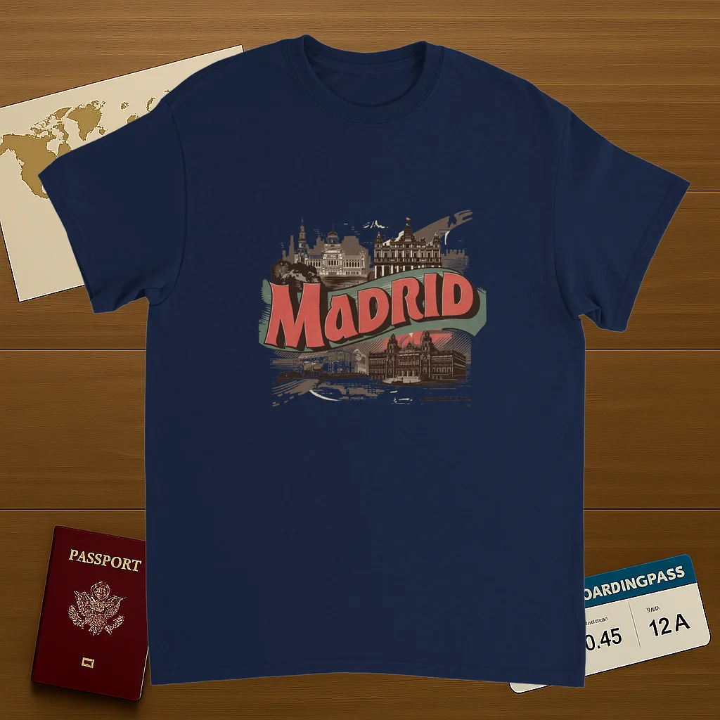navy Madrid Spain Unisex Travel T-Shirt on wooden background with world map, passport, and boarding pass