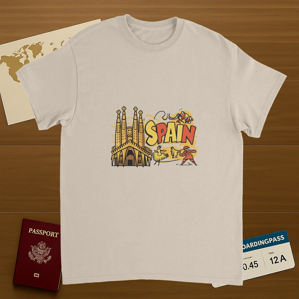 Spain Unisex Travel T-Shirt on wooden background with world map, passport, and boarding pass