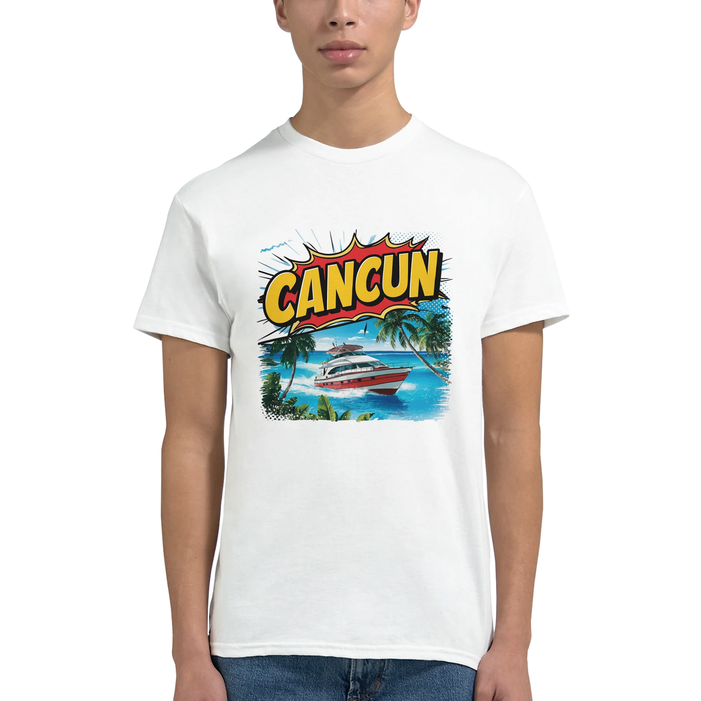 Cancún Mexico Unisex Travel T-Shirt on wooden background with world map, passport, and boarding pass
