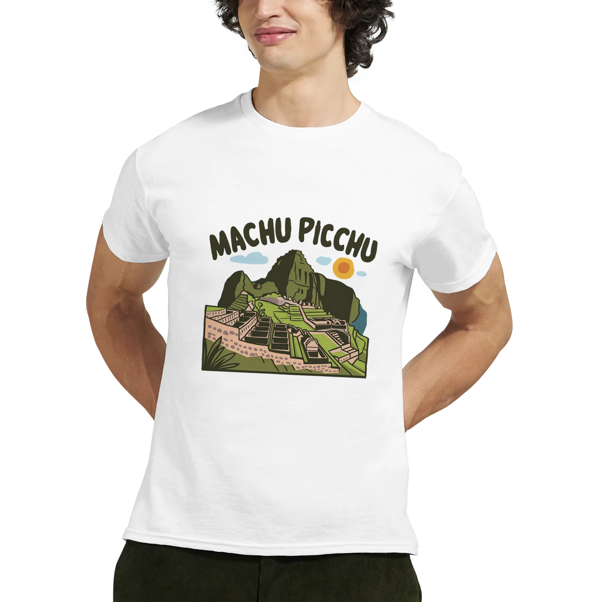 Machu Picchu Unisex Travel T-Shirt on wooden background with world map, passport, and boarding pass