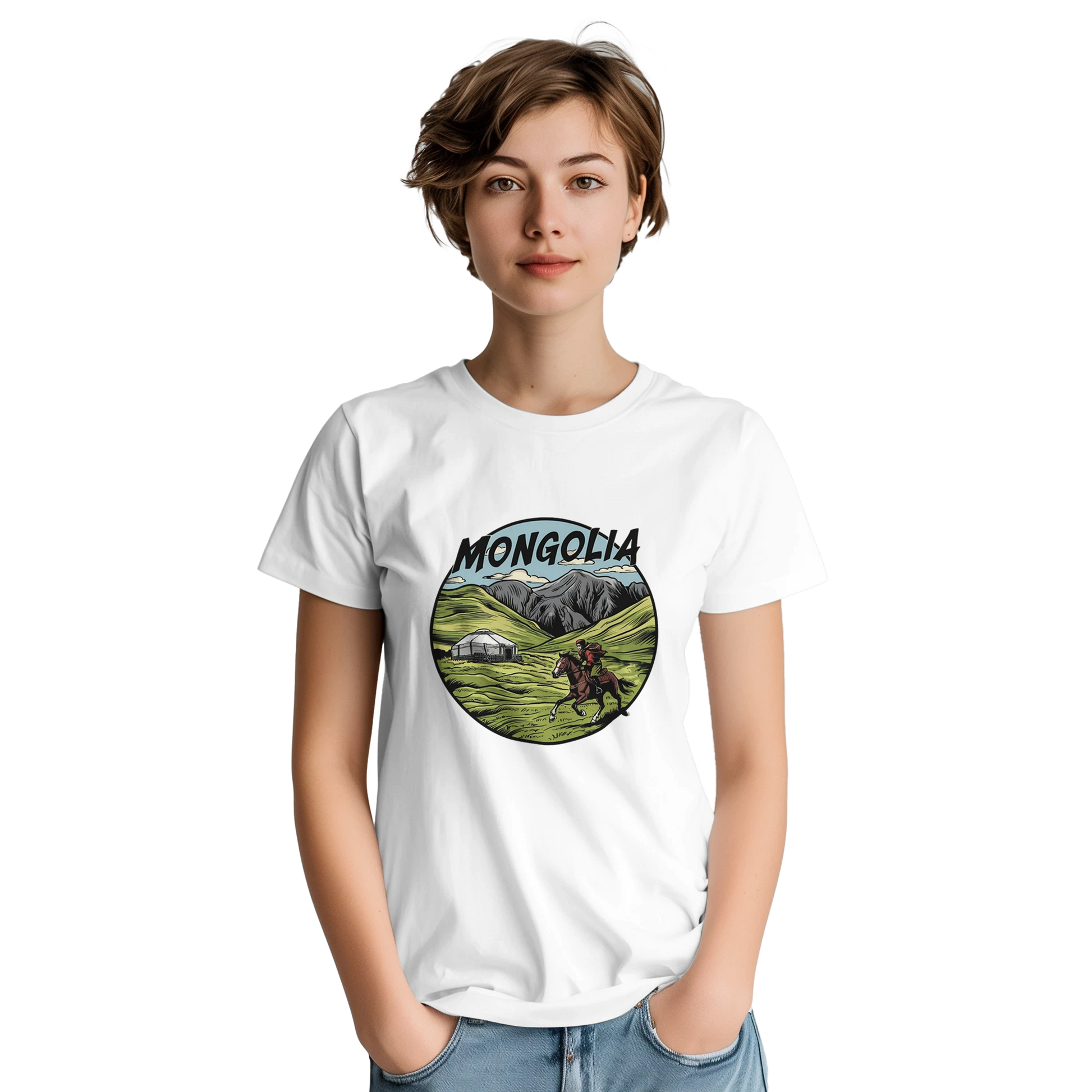 Mongolia Unisex Travel T-Shirt on wooden background with world map, passport, and boarding pass