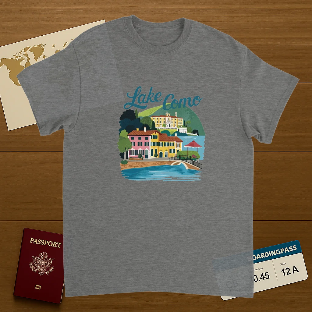 sport grey Lake Como Italy Unisex Travel T-Shirt on wooden background with world map, passport, and boarding pass