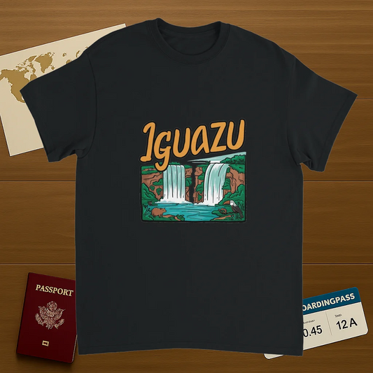 black Iguazu Falls Unisex Travel T-Shirt on wooden background with world map, passport, and boarding pass