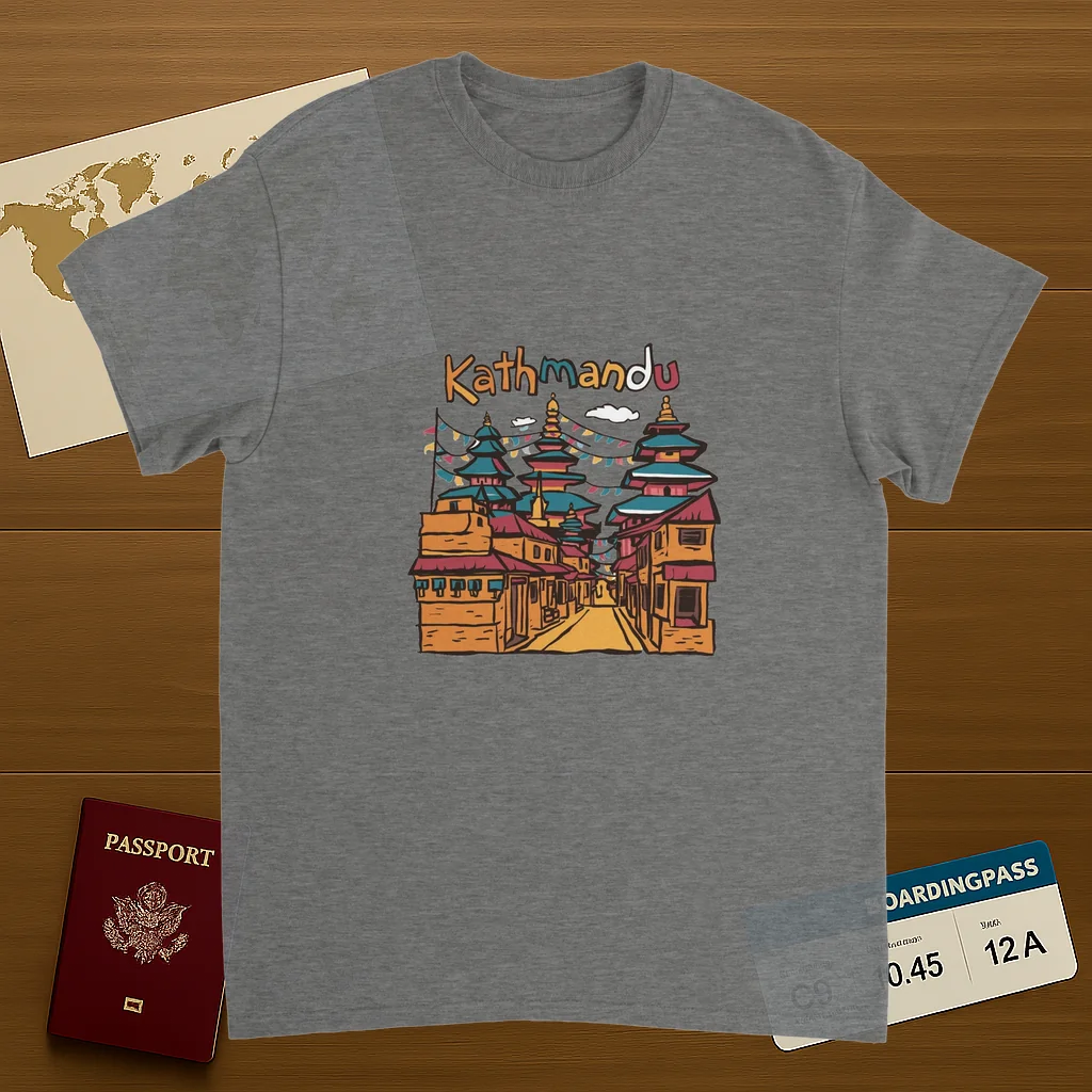 sport grey Kathmandu Nepal Unisex Travel T-Shirt on wooden background with world map, passport, and boarding pass