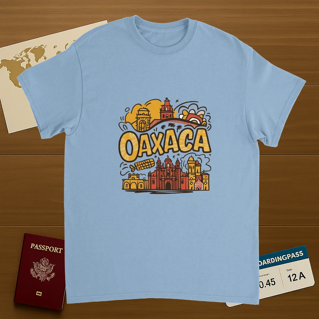 light blue Oaxaca Mexico Unisex Travel T-Shirt on wooden background with world map, passport, and boarding pass