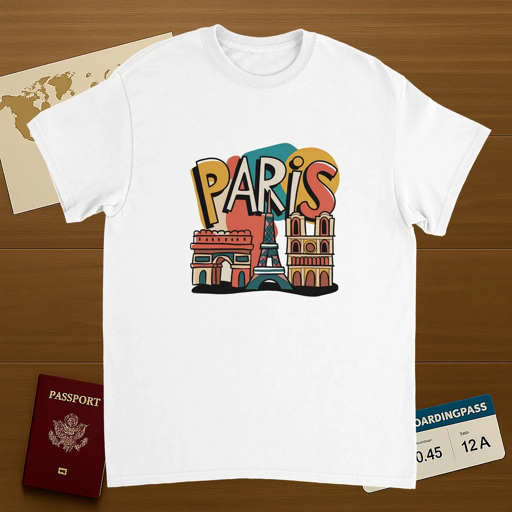 white Paris France Unisex Travel T-Shirt on wooden background with world map, passport, and boarding pass