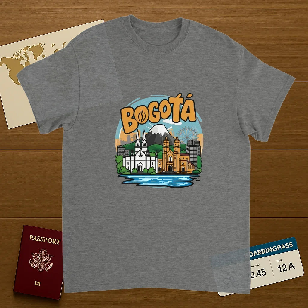 sport grey Bogotá Colombia Unisex Travel T-Shirt on wooden background with world map, passport, and boarding pass