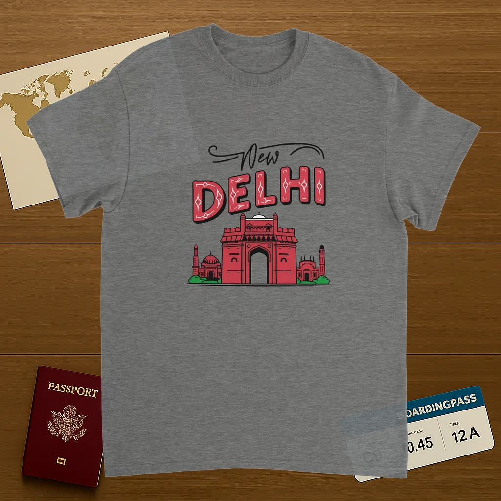sport grey New Delhi India Unisex Travel T-Shirt on wooden background with world map, passport, and boarding pass