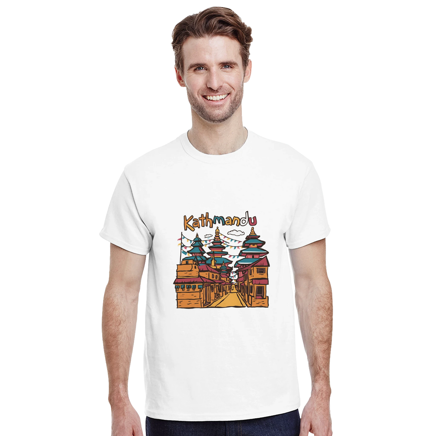 Kathmandu Nepal Unisex Travel T-Shirt featuring a man