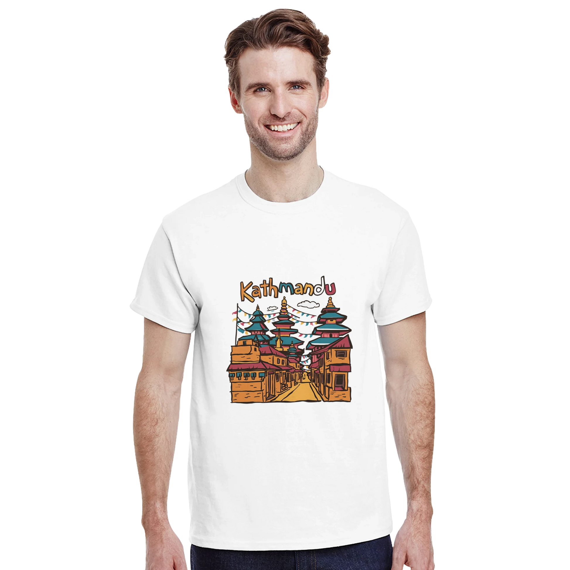 Kathmandu Nepal Unisex Travel T-Shirt featuring a man