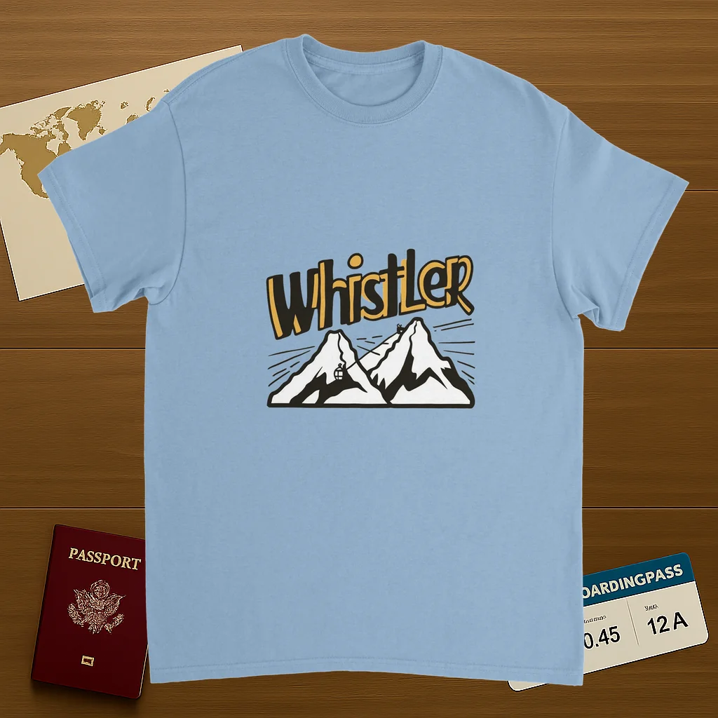 light blue Whistler Canada Unisex Travel T-Shirt on wooden background with world map, passport, and boarding pass