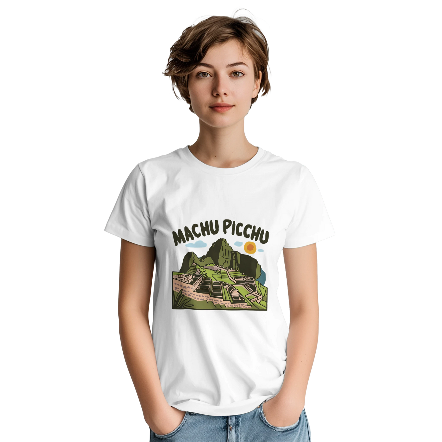 Machu Picchu Unisex Travel T-Shirt on wooden background with world map, passport, and boarding pass