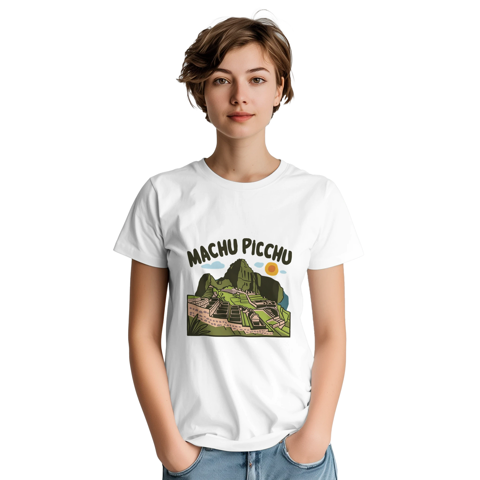 Machu Picchu Unisex Travel T-Shirt on wooden background with world map, passport, and boarding pass