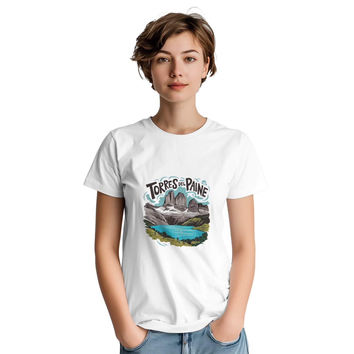Torres del Paine Chile Unisex Travel T-Shirt on wooden background with world map, passport, and boarding pass