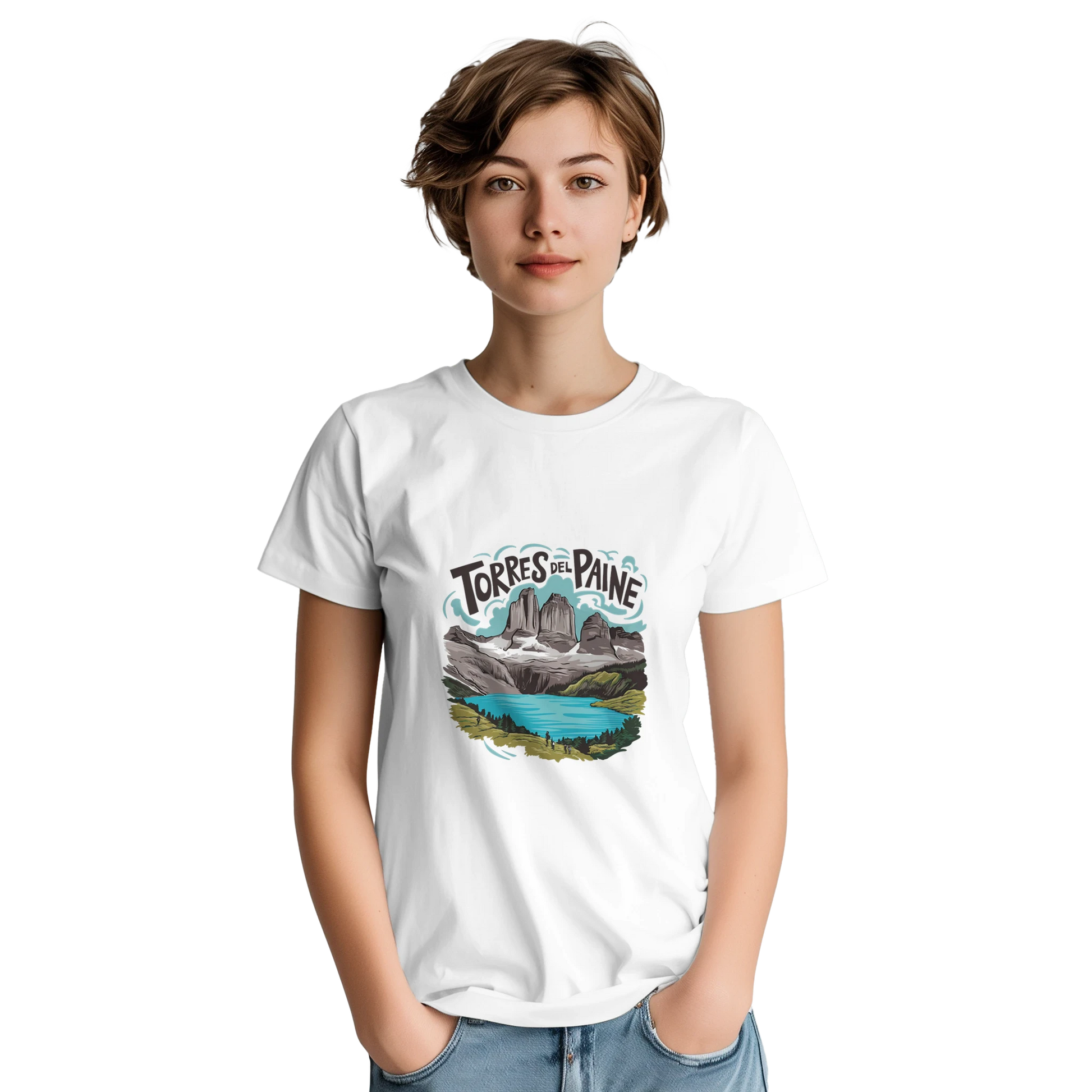 Torres del Paine Chile Unisex Travel T-Shirt on wooden background with world map, passport, and boarding pass