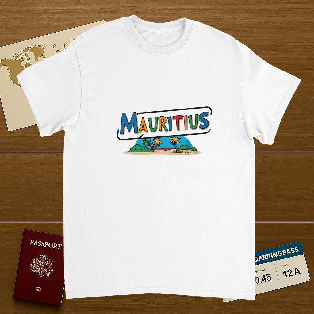 white Mauritius Unisex Travel T-Shirt on wooden background with world map, passport, and boarding pass