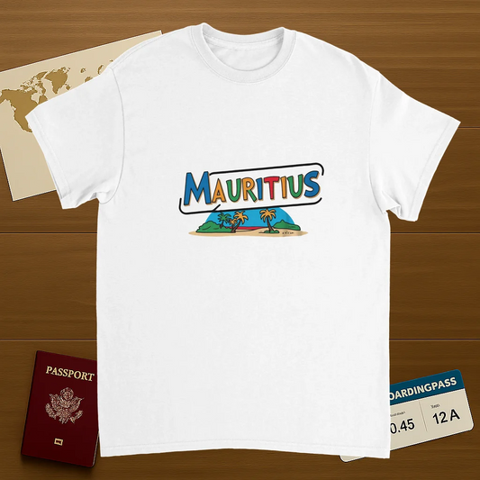 white Mauritius Unisex Travel T-Shirt on wooden background with world map, passport, and boarding pass